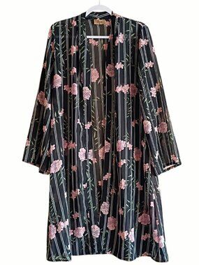 JORJA Women's Kimono Black Pink Striped Floral Sheer Long MEDIUM